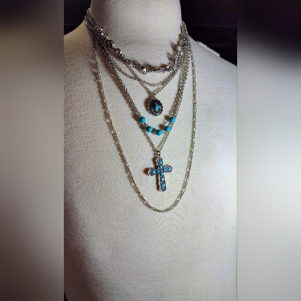 Silver Tone and Turquoise Layered Cross Necklace Set. NWOT